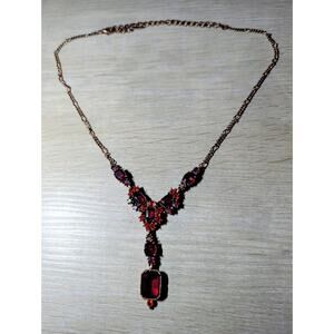Vtg VCLM Ruby Red Statement Necklace 16" Copper Tone Chain Bohemian Rockstar